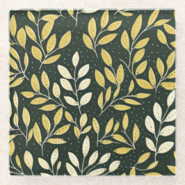 Yellow and Cream Leafy Branches Pattern  ガラスコースター