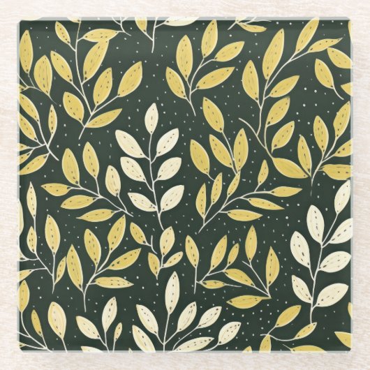 Yellow and Cream Leafy Branches Pattern  ガラスコースター (正面)