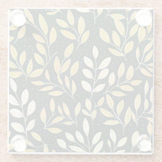 Yellow and Cream Leafy Branches Pattern  ガラスコースター (裏面)