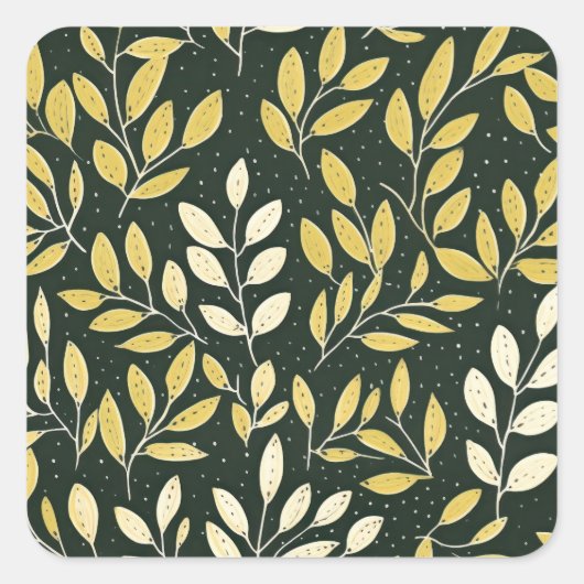 Yellow and Cream Leafy Branches Pattern  スクエアシール (正面)