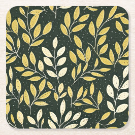 Yellow and Cream Leafy Branches Pattern  スクエアペーパーコースター