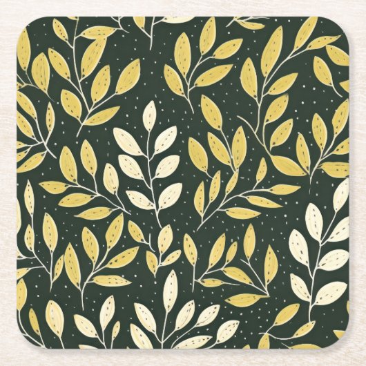 Yellow and Cream Leafy Branches Pattern  スクエアペーパーコースター (正面)