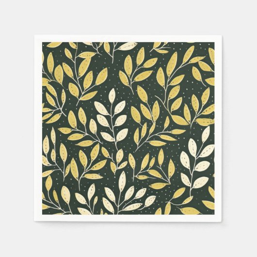 Yellow and Cream Leafy Branches Pattern  スタンダードカクテルナプキン (正面)