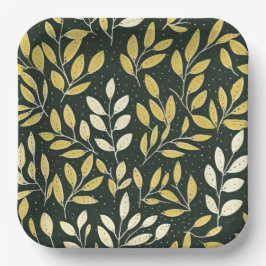 Yellow and Cream Leafy Branches Pattern  ペーパープレート