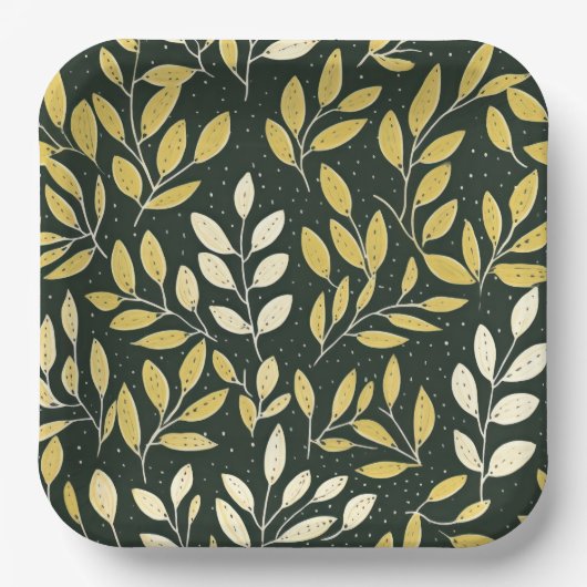 Yellow and Cream Leafy Branches Pattern  ペーパープレート (正面)