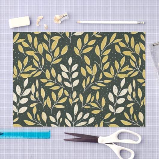 Yellow and Cream Leafy Branches Pattern  薄葉紙 (クラフト)