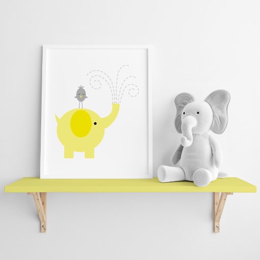 Yellow and Gray Elephant and Bird Nursery ポスター