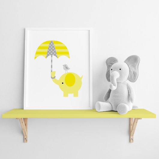 Yellow and Gray Elephant and Bird Nursery ポスター