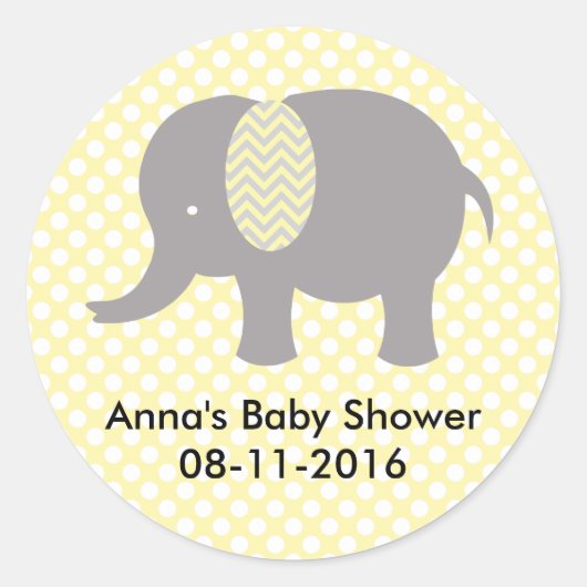 Yellow and gray Elephant Baby SHower ラウンドシール (正面)