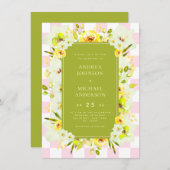 Yellow and Green Floral Checkered Wedding Invite 招待状 (正面/裏面)