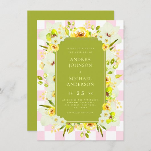 Yellow and Green Floral Checkered Wedding Invite 招待状 (正面/裏面)