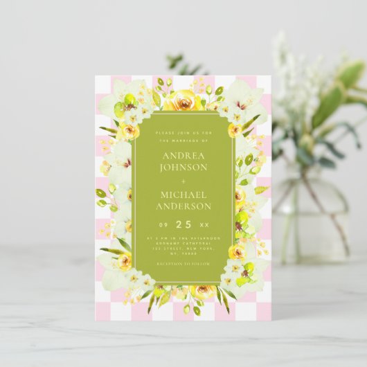 Yellow and Green Floral Checkered Wedding Invite 招待状 (スタンド正面)