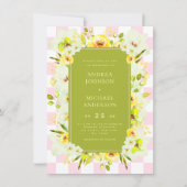 Yellow and Green Floral Checkered Wedding Invite 招待状 (正面)