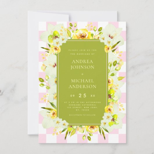 Yellow and Green Floral Checkered Wedding Invite 招待状 (正面)