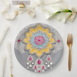 Yellow and grey floral patterns AI art  ペーパープレート