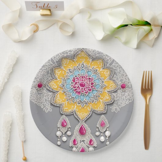 Yellow and grey floral patterns AI art  ペーパープレート (ウェディング)