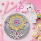 Yellow and grey floral patterns AI art  ペーパープレート (パーティー)