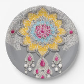 Yellow and grey floral patterns AI art  ペーパープレート (正面)