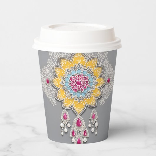 Yellow and grey floral patterns AI art  紙コップ (左)