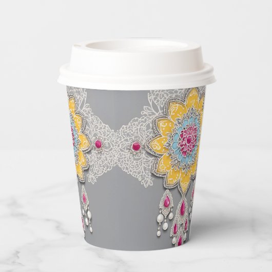 Yellow and grey floral patterns AI art  紙コップ (裏面)