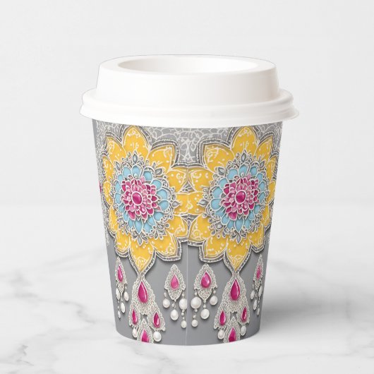 Yellow and grey floral patterns AI art 紙コップ (右)