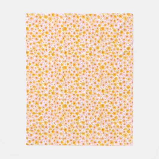 Yellow and pink daisy pattern, white background フリースブランケット (正面)