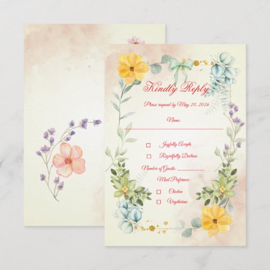 Yellow and Pink Floral RSVP Card (正面/裏面)