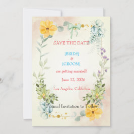 Yellow and Pink Floral Save the Date Card セーブザデート