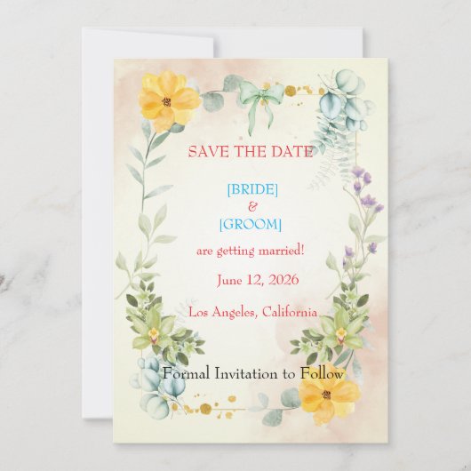 Yellow and Pink Floral Save the Date Card セーブザデート (正面)
