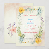 Yellow and Pink Floral Save the Date Card セーブザデート (正面/裏面)