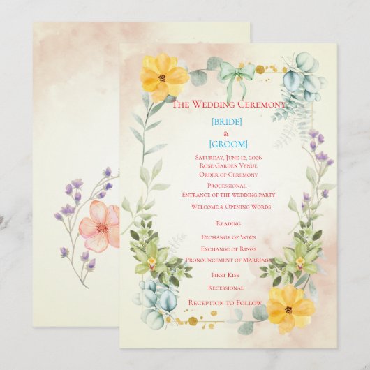 Yellow and Pink Floral Wedding Program プログラム (正面/裏面)