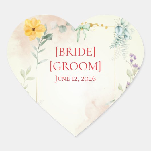 Yellow and Pink Floral Wedding Sticker ハートシール (正面)