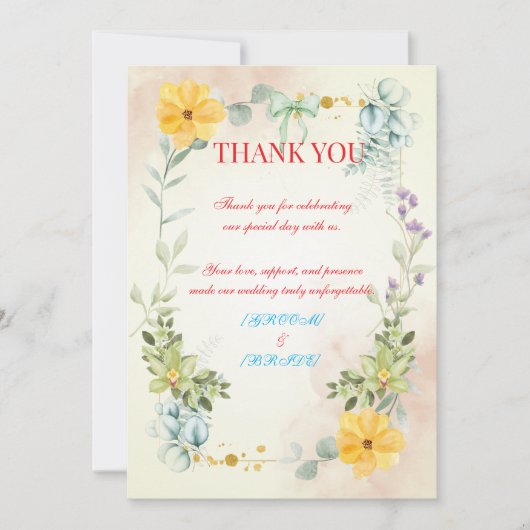 Yellow and Pink Floral Wedding Thank You Card サンキューカード (正面)