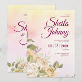 Yellow and Pink Watercolor Elegance Wedding 招待状 (正面/裏面)