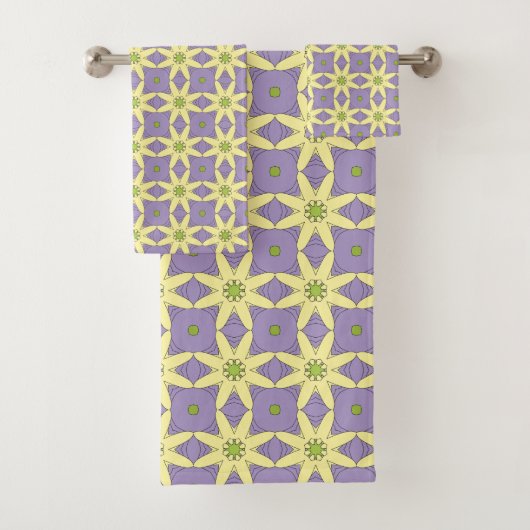 Yellow and purple geometric floral patterned  バスタオルセット (インサイチュ)