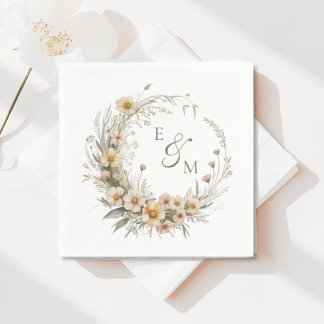 Yellow and Sage Floral Wreath Wedding Napkin スタンダードカクテルナプキン