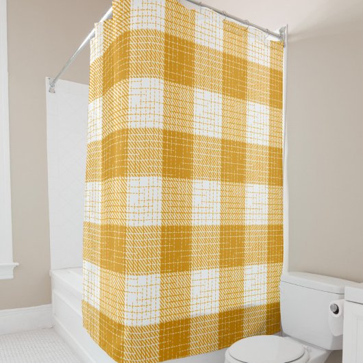 Yellow and White Bold Checkered Plaid Design シャワーカーテン