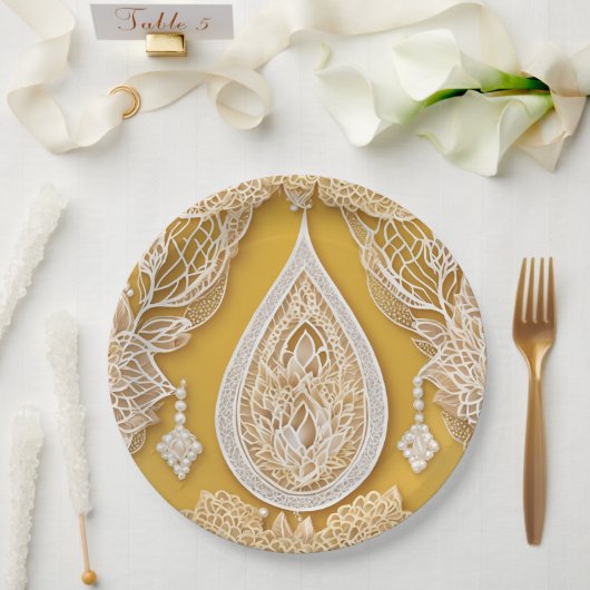 Yellow and white floral patterns AI art  ペーパープレート (ウェディング)