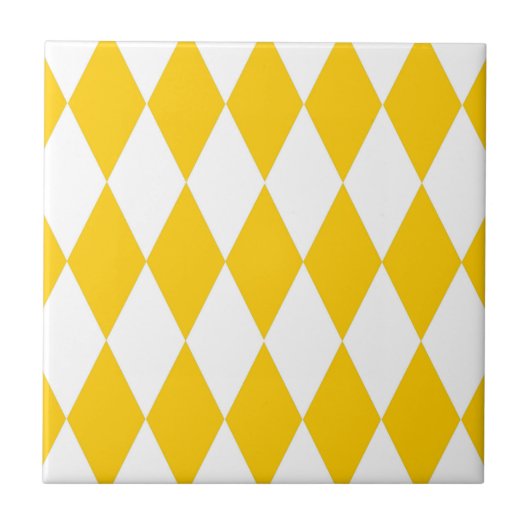 Yellow and White Harlequin Diamonds Check Design タイル (正面)