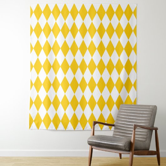 Yellow and White Harlequin Diamonds Check Design  タペストリー