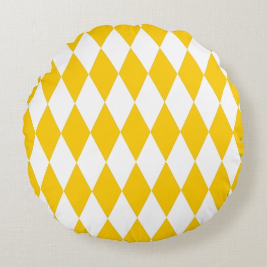 Yellow and White Harlequin Diamonds Check Design  ラウンドクッション (正面)