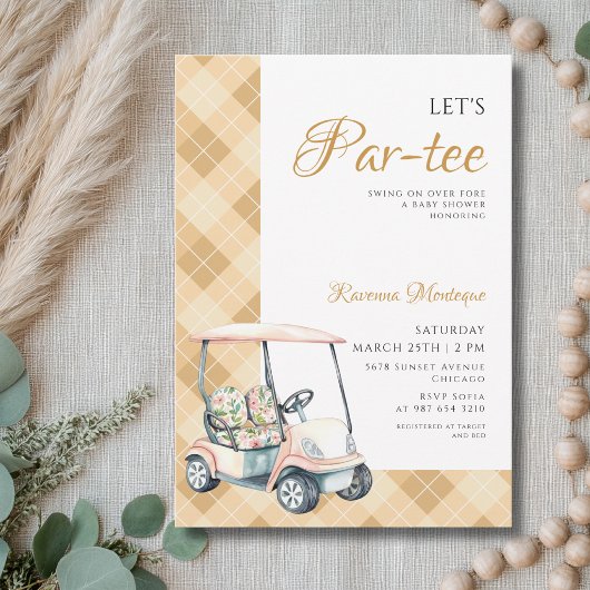 Yellow Argyle Golf Cart Lets Par Tee Baby Shower 招待状