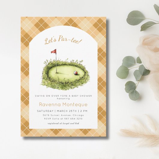 Yellow Argyle Golf Hole Lets Par Tee Baby Shower 招待状