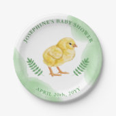 Yellow Baby Chick And Green Watercolor Baby Shower ペーパープレート (正面)