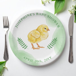 Yellow Baby Chick And Green Watercolor Baby Shower ペーパープレート