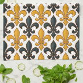 Yellow Black Baroque Fleur-de-lis Pattern Design キッチンタオル (折り畳み)