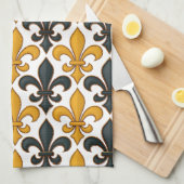 Yellow Black Baroque Fleur-de-lis Pattern Design キッチンタオル (四つ折り)