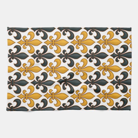 Yellow Black Baroque Fleur-de-lis Pattern Design キッチンタオル (横)