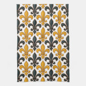Yellow Black Baroque Fleur-de-lis Pattern Design キッチンタオル (縦)