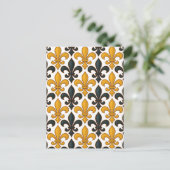 Yellow Black Baroque Fleur-de-lis Pattern Design  ポストカード (スタンド正面)